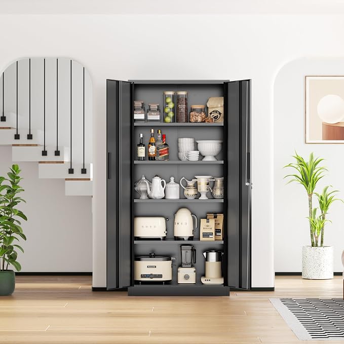 Crownland 72" Metal Storage Cabinet, Lockable Garage Storage Cabinets, High Office Cabinet with Adjustable Shelves for Garage, Home Office, Classroom, Pantry(Classic Black-Narrow Size)
