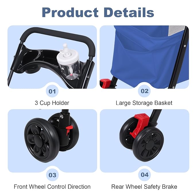 4‑Wheel Foldable Pet Stroller, Travel Strolling Cart for Small & Medium Dog | Breathable Visible Mesh Window, Cup Holder & Storage Basket, Rear Wheel Dual Brake, Portable Folding Design Navy Blue