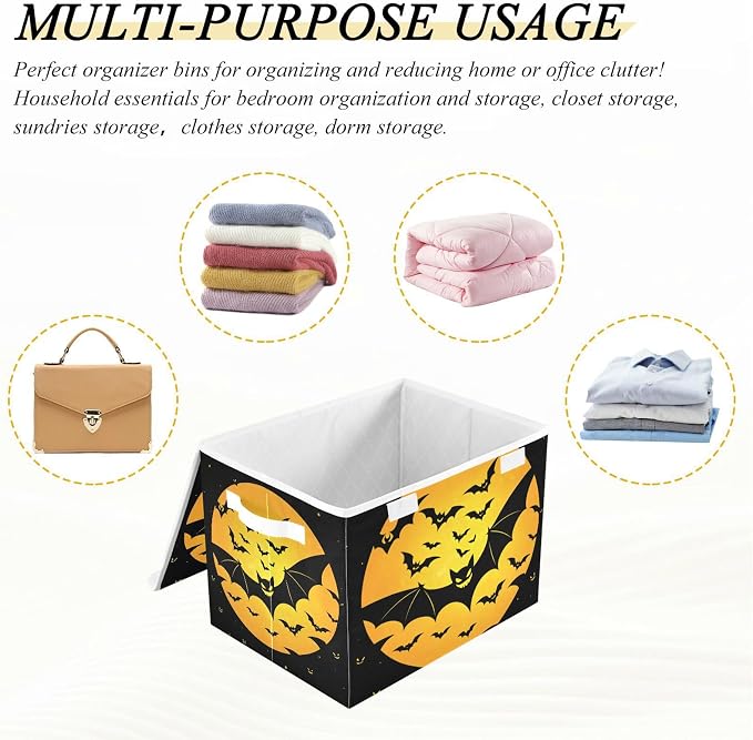 senya Halloween Storage Baskets Collapsible Storage Bins with Lids, Bat Pattern Storage Boxes Clothes Baskets for Organizing