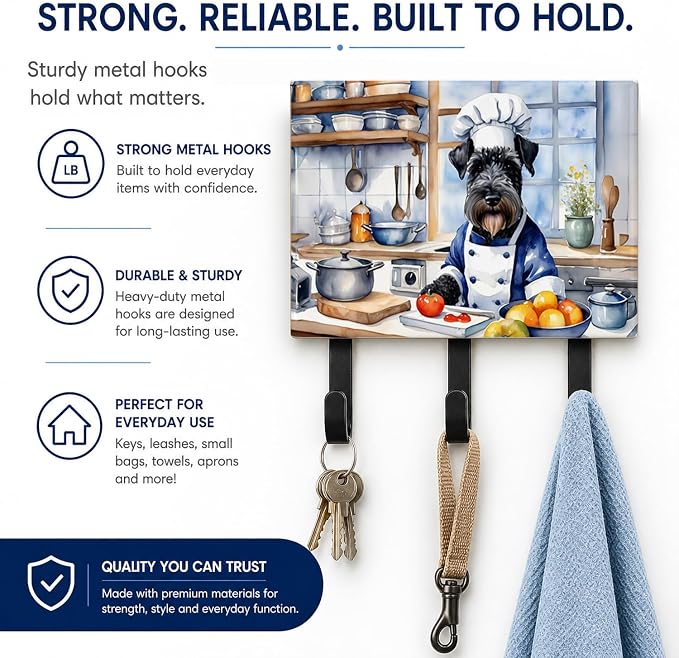 Caroline's Treasures Kerry Blue Terrier The Chef Leash or Key Holder Wall Hooks, Key Hooks Holder, Coat Rack Wall Mount, Coat Hooks, Hooks for Hanging Keys, Towels, Aprons, Leashes | Kerry Blue Terrier The Chef artwork on ceramic tile with three steel ...
