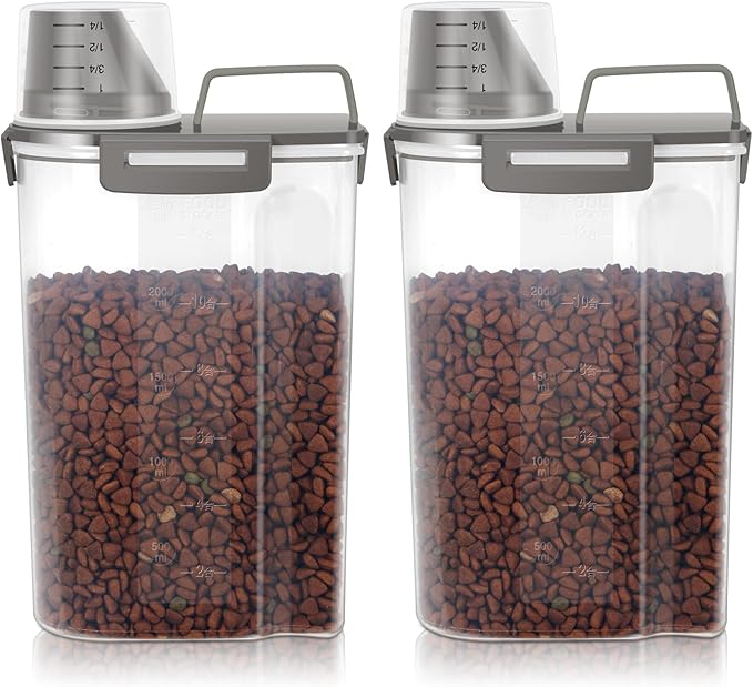 LEAWALK Airtight Small Cat Dog Pet Food Storage Containers BPA Free, with Large Pour Spout/1 Measuring Cup/ 4 Safety Locks and Double-layer Silicone Strip (Olive Gray x 2, 3L-2pack)