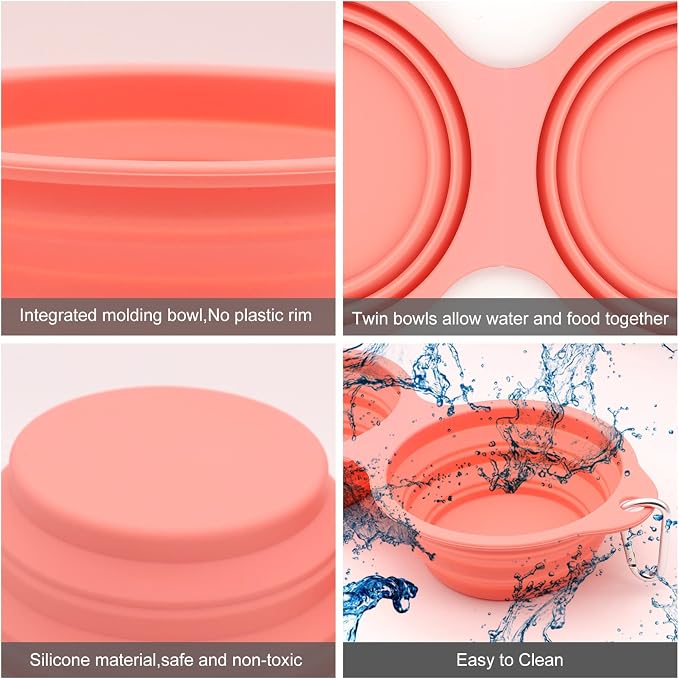 SLSON Collapsible Dog Bowls,Integrated Molding Dog Double Bowl No Plastic Rim 2 in 1 Foldable Pet Food & Water Bowl Cat Feeder Dish for Walking,Hiking,Camping (Coral Pink)