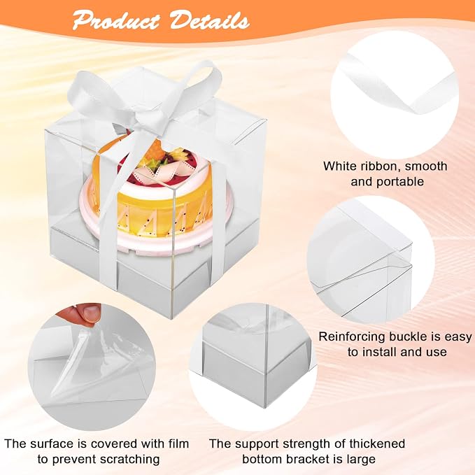 12 PCS Clear Cupcake Boxes 3.5 Inch Cupcake Containers (Silver) | Disposable Cupcake Carrier Plastic Individual Cupcake Storage Holder with Ribbons and Inserts for Wedding, Birthday Party