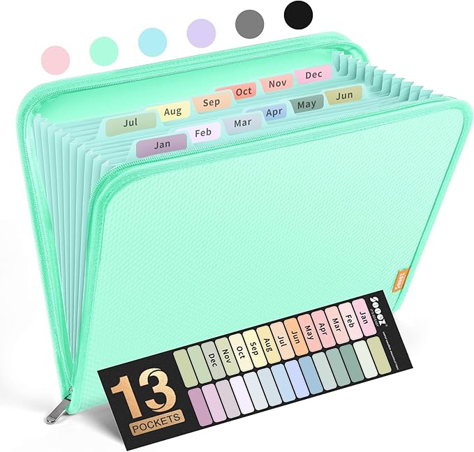 Sooez 13 Pocket Accordion File Organizer, Zipper Expanding File Folder A4 | Reinforced Plastic Accordion Folder Organizer, A4 Letter Size, Portable Folders for Documents, School Office Supplies, Green
