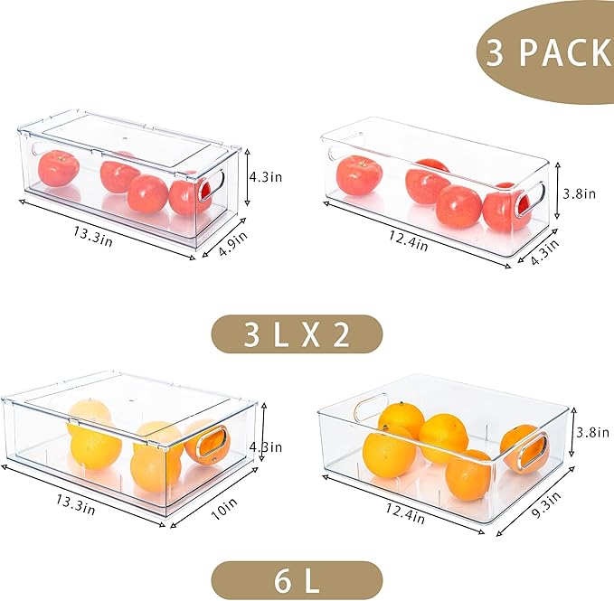 Set of 3 Stackable Refrigerator Organizer Bins Pull-Out Drawers for Fruit and Veggies Divided Storage Organizer for Fridge Clear Drawer Containers with Handle for Produce Saver, Eggs, Snack