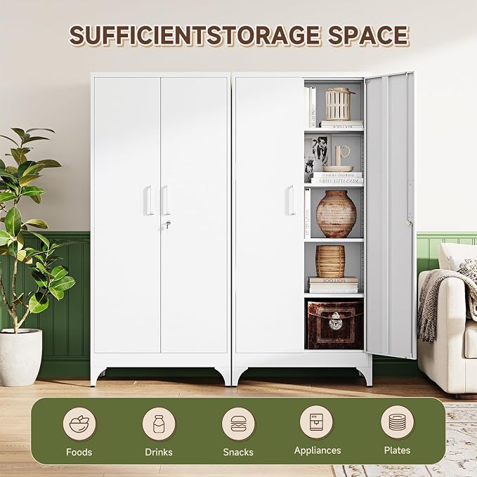 71" H Metal Storage Cabinet with 2 Doors and 4 Shelves,Tall Kitchen Pantry Cabinets,Utility Pantry Organizers for Cupboard/Dining/Bathroom/Home Office/Garage, Steel Tool Cabinets