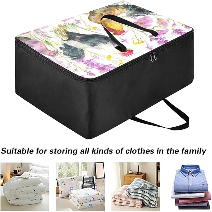 Comforter Storage Bags Large Folding Blanket Organizer Bag with Strong Handles Clear Window Closet Storage Containers for Clothes King Queen Pillows Bedding Quilt Duvet Roosters Hens Spring Wil