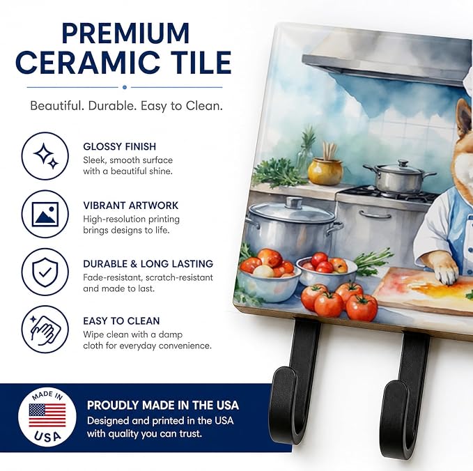 Caroline's Treasures Akita The Chef Leash or Key Holder Wall Hooks, Key Hooks Holder, Coat Rack Wall Mount, Coat Hooks, Hooks for Hanging Keys, Towels, Aprons, Leashes | Akita The Chef artwork on ceramic tile with three steel hooks for keys, leashes, t...