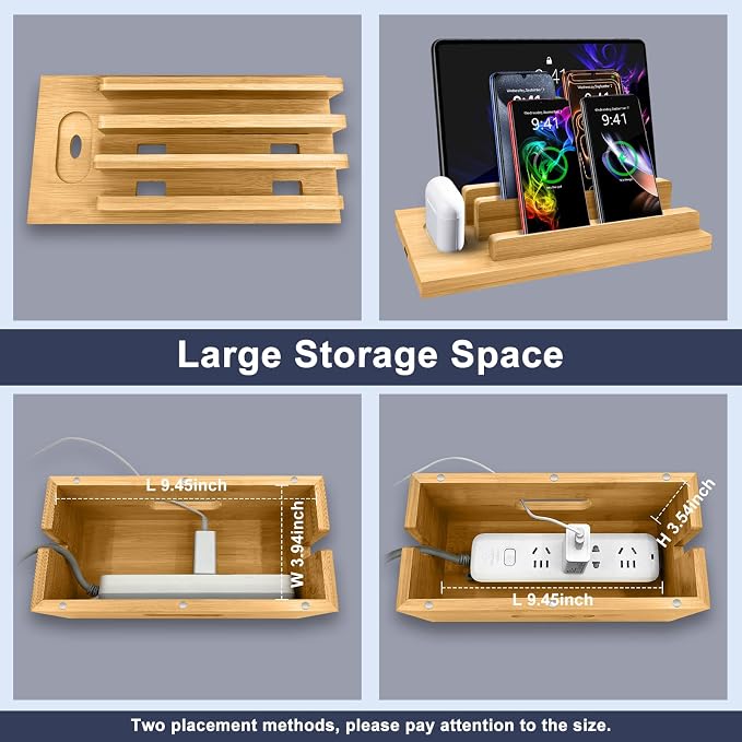 Bamboo Charging Station for Multiple Devices, Cable Management Box for Power Strip, USB Charger & USB Charging Hub/Station, Wood Docking Station Desktop Organizer Bedside Table Organizer