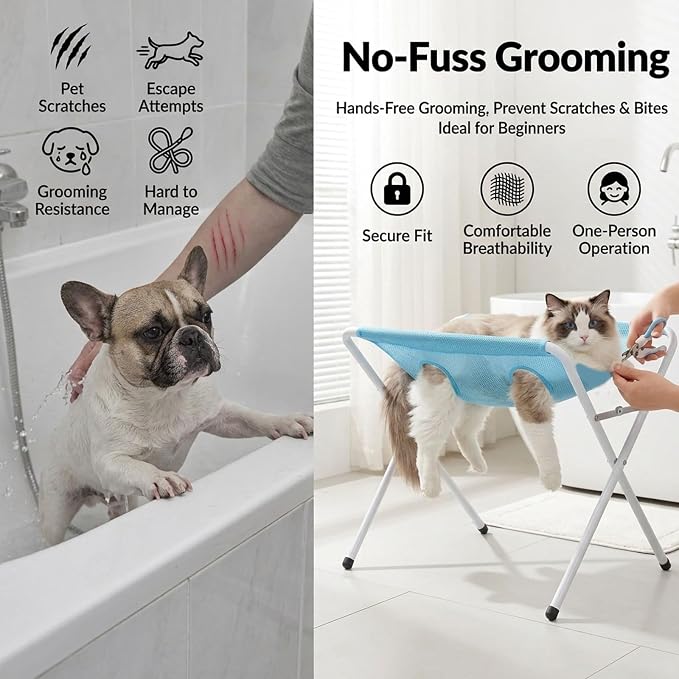 2-in-1 Foldable Pet Grooming Bed, Pet Comfort Grooming Stand，Gray | Foldable Pet Grooming Hammock, Bathing Stand with Breathable Mesh for Nail Trimming, Bathing, Haircuts, Easy Assemble