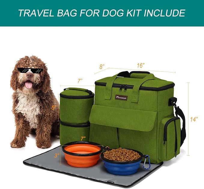 Modoker Weekend Dog Travel Bag Set with 2 Food Bags, 2 Bowls and Mat,Green | Dog Travel Accessories Organizer for Camping and Road Trips with Roomy Storage, Multiple Pockets and Water-Resistant Oxford