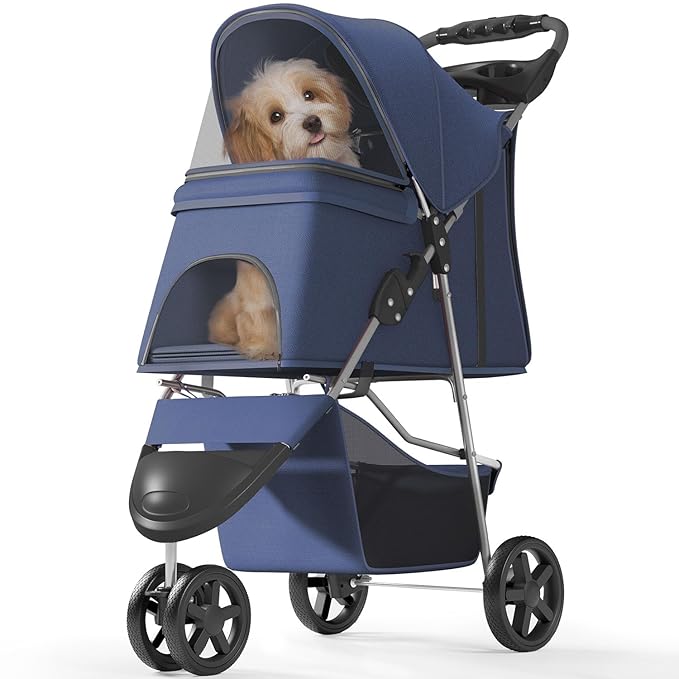 OS MOTOR 3 Wheels Pet Stroller for Small Medium Pets, Navy Blue | Foldable Carrier Jogger, Rear Wheel Breaks, Storage Basket, Visible Mesh Weather Cover, Portable, Dog, Cat, Puppy, Kitty