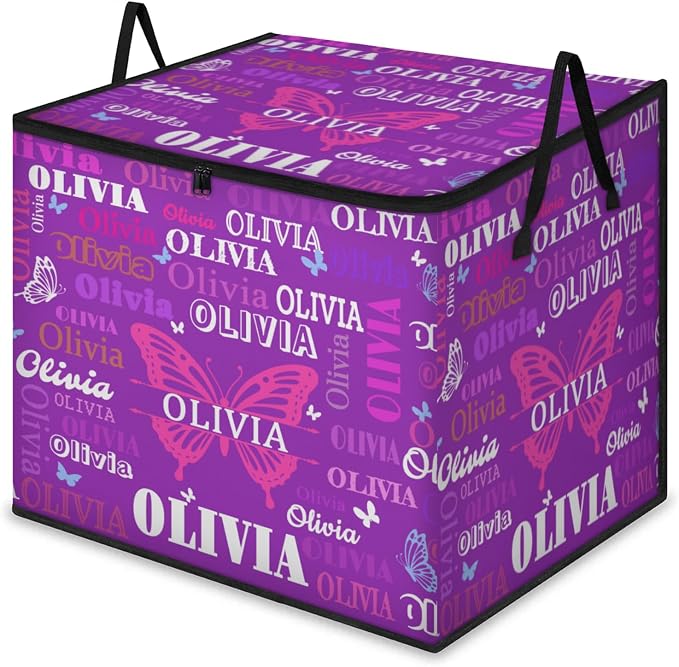 Personalized Name Foldable Storage Basket Cubes with Lid, Laundry Hamper Dirty Clothes Storage Bin with Handles for Shelf Home Closet Kitchen, Dark Voilet Purple Background with Butterfly