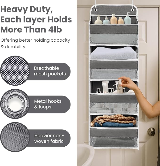 Over The Door Organizer 4 Shelves & 4 Side Pockets, Large Storage Rack | Anti-Tilt Hanging Door Storage for Closet, Heavy-Duty Mesh Shelf for Bathroom Closet Toy Organization Shoes Towels, Grey