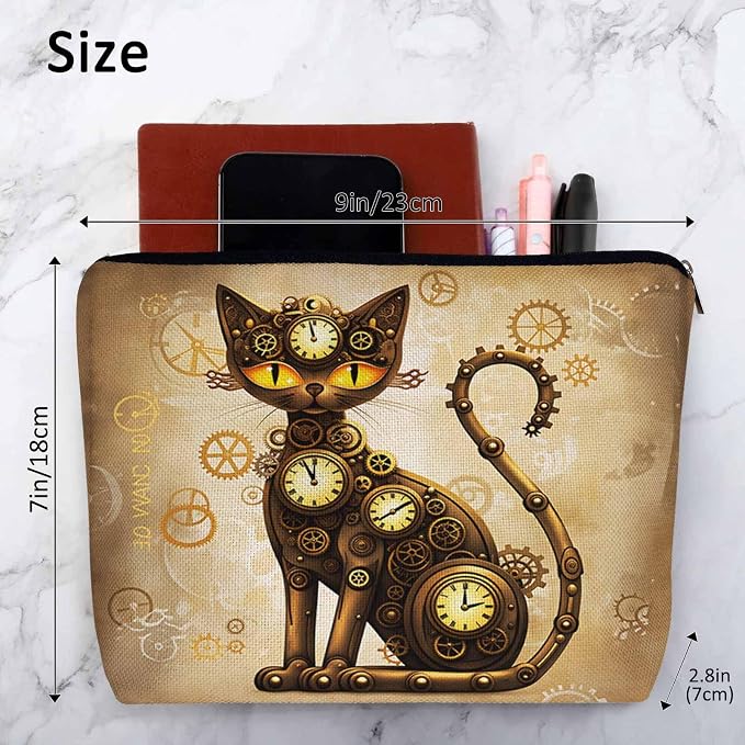 Steampunk Cat Makeup Organizer Bag Cosmetic Bag For Men Women, Brown Gearwheel Clock Steampunk Cat Travel Toiletry Bag Flax Makeup Bags Purse Business Makeup Pouch For Toiletries Cosmetics