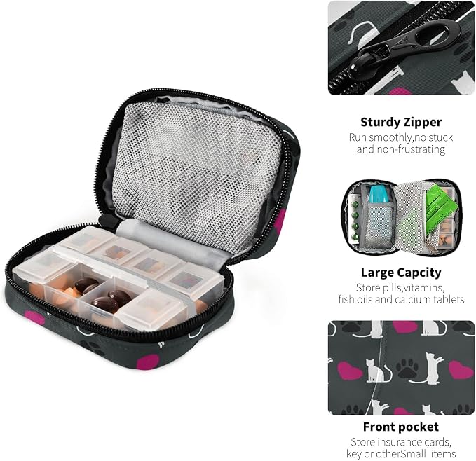 Cute Cat Heart Pill Case, Portable Weekly Pill Box Bag Container 7 Days Pill Organizer Vitamin Supplement Holder with Zipper for Travel Family Business