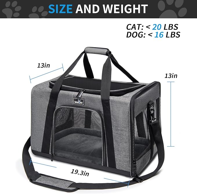 Wakytu Cat Carrier Soft for Medium or Large Cats for Car Travel Camping | dog carriers for small dogs,3 entrances & 5 vents, waterproof rip-stop, anti-escape locks, padded strap