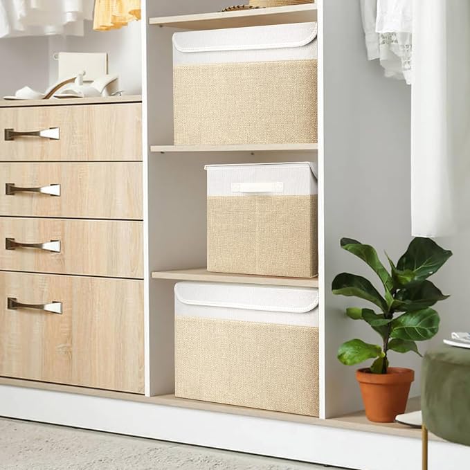 Large 42 Quarts Fabric Storage Bins with Lids [2-Pack] Linen Collapsible Foldable Baskets, Closet Organizer Containers boxes with Handles for Home Office (16.7 x 12 x 12, Beige & White)