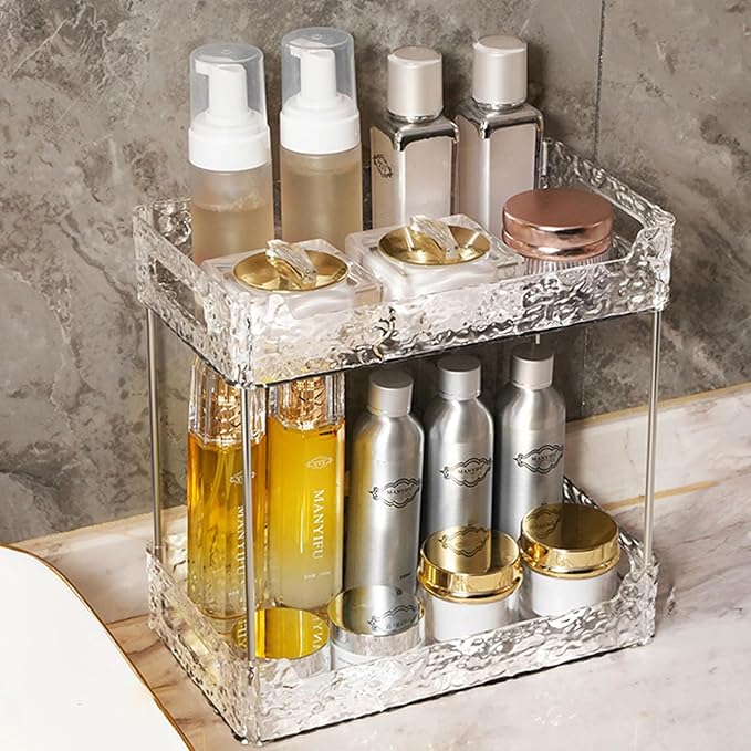 Acrylic Bathroom Counter Organizer, Organizers and Storage, Clear 2 Tier | Crystal, Metal Frame, Glass Texture, PET Plastic Suitable for Most Rooms, Easy Clean