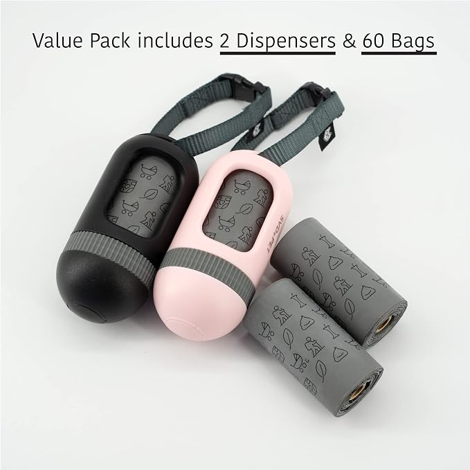 SVD.PET 2-Pack Pet Retractable Waste Bag Dispensers, Black & Primrose Pink | 2 Dog Poop Bag Holders, 60 Large Leak-proof Bags, Dog Walking Accessory
