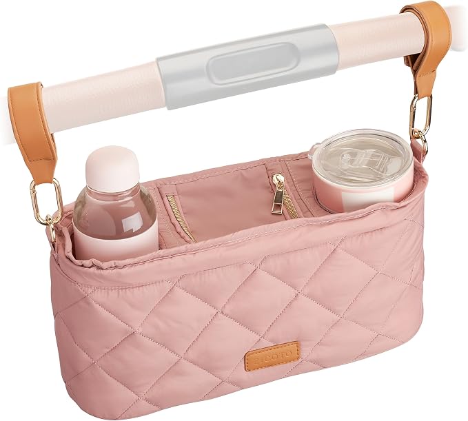 Beautiful Stroller Caddy Organizer With 2 Cup Holders - Zipper Pocket Bag | Luxury Stroller Bag with Universal Fit and Leather Straps - Spacious Accessories Perfectly Fits Doona, Nuna and Uppababy