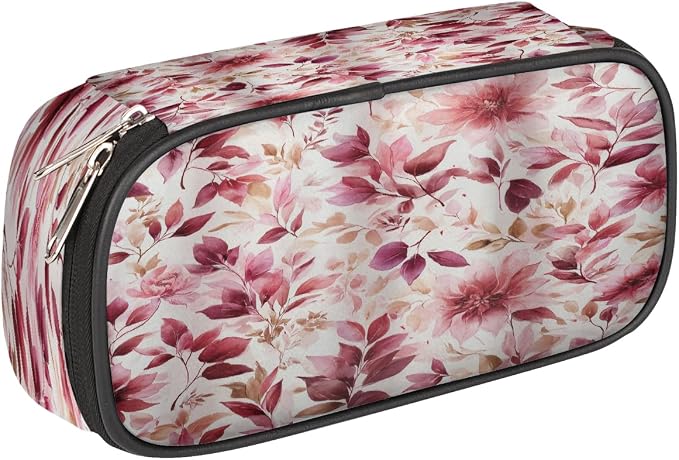 Pencil Case Large Capacity Pencil Bag Watercolor Pink Red Leaf Flower Pouch Box Organizer Pen Case, School Supplies for Teen Adult