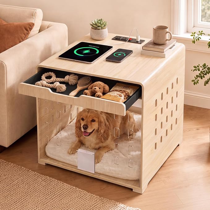 Modern Dog Crate Furniture Wooden Kennel with Charging Station End Table | Nightstand, Dog Cage, with Flip-Up Acrylic Door, Storage Drawer, for Medium Small Dogs, up to 50 lb, Living Room Bedroom, Oak