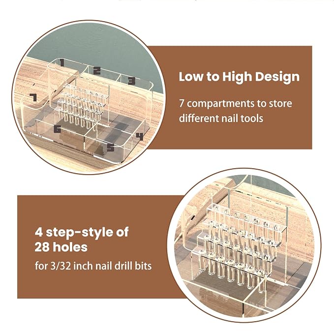 Nail Drill Organizer Box, Professional Nail Organizer, 28 Capacity Nail Art Storage Case with Fixed Compartments