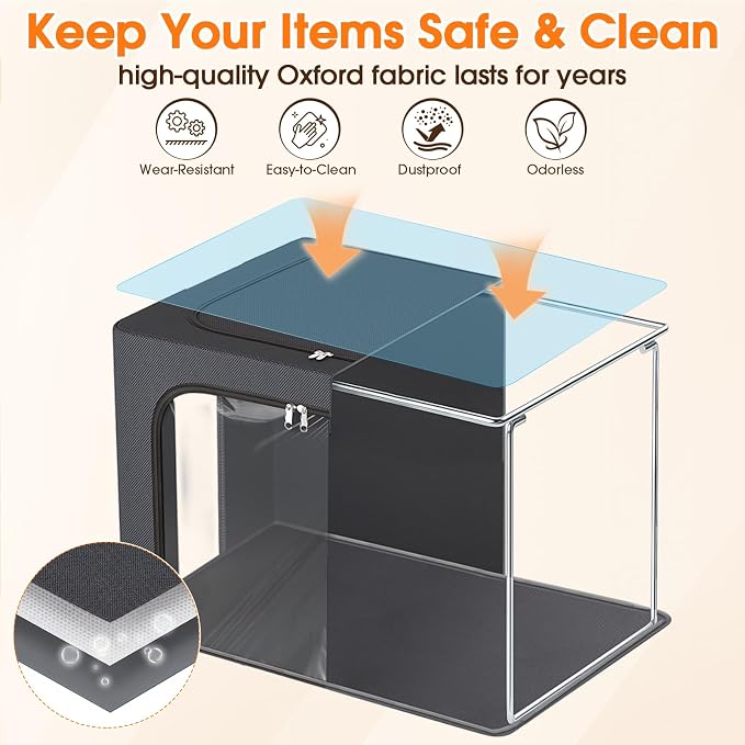 Metal Frame Clothes Storage Bins, Light Grey, 40L, 4 Pack | Foldable Storage Boxes with Clear Window, Front & Top Zipper Openings, Stackable Organizer with Handles for Closet & Bedroom