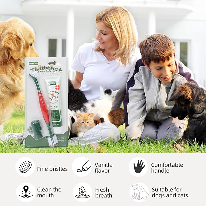 Dog Toothbrush and Toothpaste Kit Vanilla Dog Toothpaste(70g) Soft Nylon Double-Head Dog Toothbrush Green Dog Finger Toothbrush Puppy Tooth Brushing Kit Pet Dental Care Kit for Dogs and Cats
