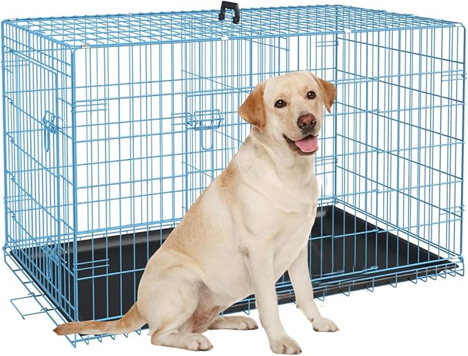 36 Inch Large Dog Crate, Heavy Duty Dog Crates for Large Dogs, Metal Wire Folding Dog Cage with Removable Trays, Locks, Double-Door, Divider Panel, Handle, Puppy Crate Pet Crate (36 in, Blue)