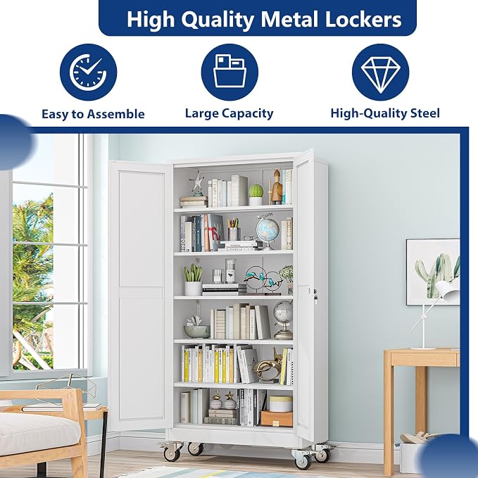 Ckzbx Metal Large Garage Storage Cabinet with Locking Doors and Adjustable Shelves,73.6" H Rolling Tool Storage with Wheels for Garage,Office (White)
