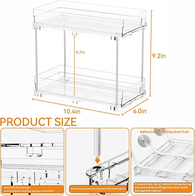 4 Set Bathroom Organizers and Storage,2 Tier Clear Under Sink Organizer and Medicine Cabinet Organizer for Kitchen,Pantry Storage,Pull Out Drawers for Skincare,Pill Bottle,Spice Organization