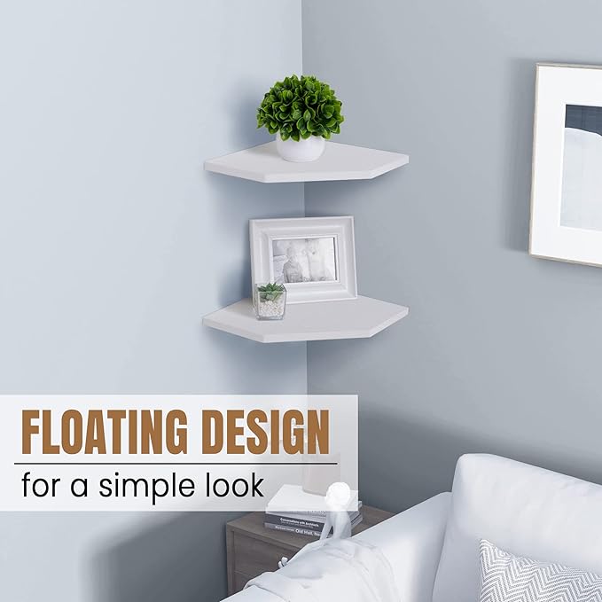 Fun Memories Corner Shelf Wall Mount, Floating Corner Shelves, Set of 4 Corner Wall Shelf Organizer, Rustic Wood Wall Storage Display Shelves for Living Room Bedroom Bathroom Kitchen, Rustic White