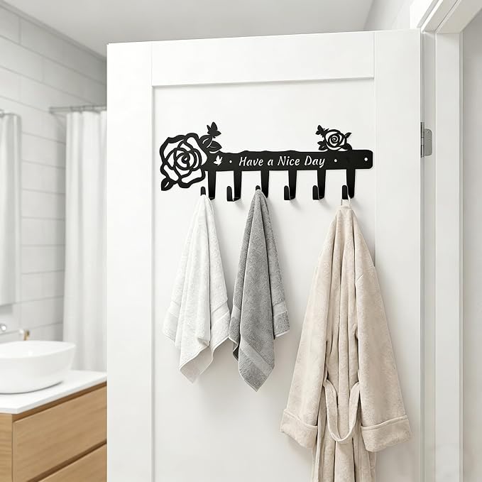 Key Holder Wall Mount, 13.5 Inch Wide-Spaced 6 Hooks Key Rack with Rose & Butterfly, Matte Black Rust-Proof Wall Organizer for Tidy Entryway, Hallway & Kitchen