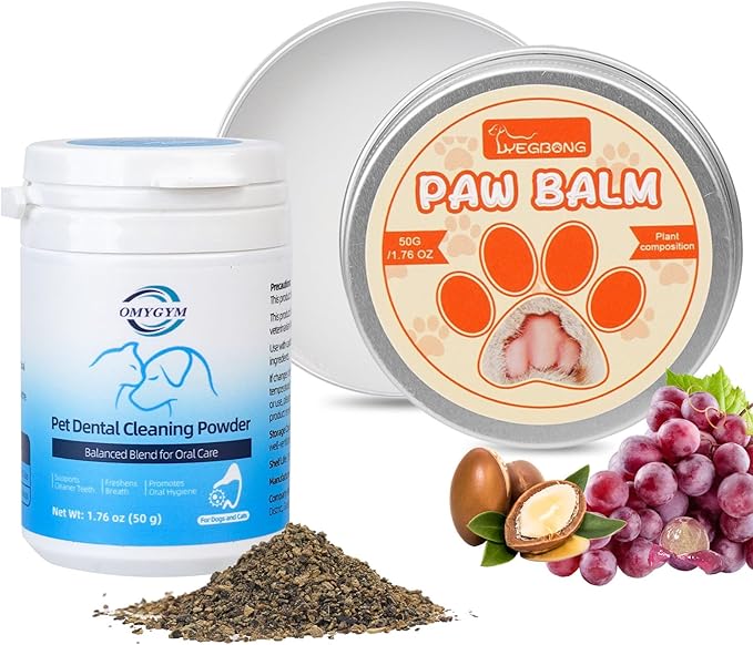 Dental Powder & Pet Teeth Cleaning Powder Kit for Dogs & Cats – Complete Oral Care Kit for Clean Teeth & Fresh Breath – Includes Dog Paw Balm, Nose Balm & Protective Paw Wax