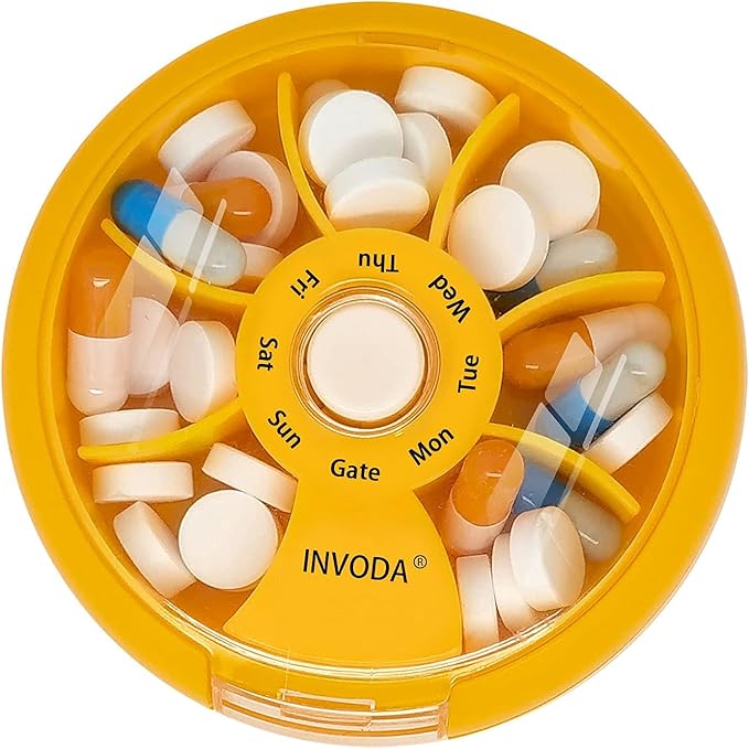 INVODA Weekly Pill Organizer 7 Compartment Rotating Pill Box for Daily | Cute Round Pill Organizer Fit purse pocket or backpack Portable Travel Pill Case for Fish Oil Supplements Vitamins Medication
