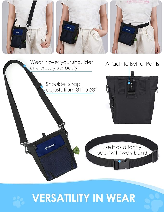 4 Cup Dog Treat Pouch with Silicone Insert Bag& Clicker(Navy Blue) | 2 Pair Magnetic Closures, Belt Clip/Waist Belt/Crossbody Wear, Zipper Pocket Poop Bag Holder for Pet Training/Daily Walking
