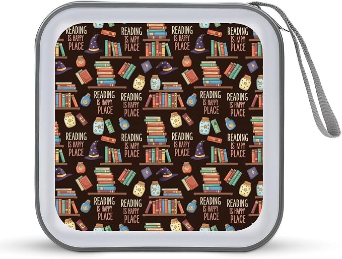 CD Case Holder for Car Reading Book 40 Capacity Zipper Disc Wallet | DVD Organizer Storage Binder, Reading Book Is My Happy Place Shockproof, Hard Plastic, Portable Hand Strap