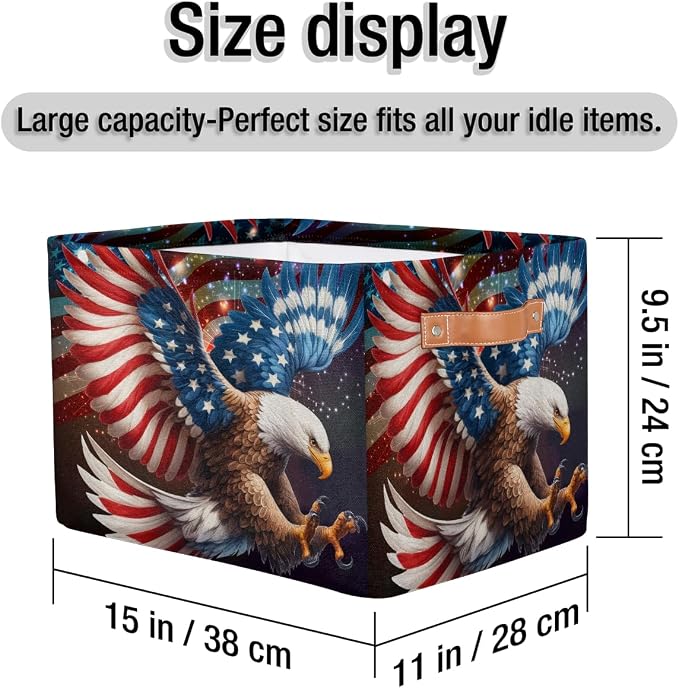 Pardick Basket Storage Bins American Flag Eagle Rectangle Cube Basket Box Kids Girls Boys Toys Organizer Beaket Decor Foldable with Handle for Living Room Bedroom Closet Nursery Office Shelf Gifts