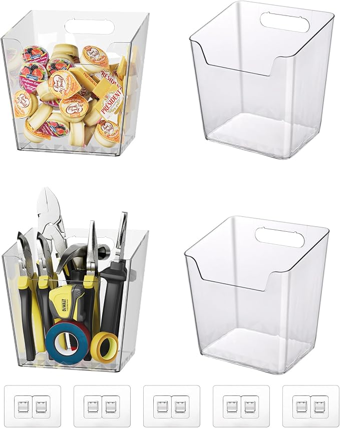 Clear Adhesive Wall Storage Bins, 4 Pack Cabinet Door Organizer Cups(Large) | Clear PET Hanging Wall Mount Pockets, Plastic Caddy for Shower Bathroom Makeup Office Craft Kitchen Sink RV Organization