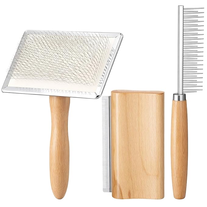 Dog Slicker Brush Set for Shedding Wooden Handle, Pet Deshedding Comb, Long and Short Bristle Comb, Grooming Pin Brush for Dogs Cats, Removes Loose Hair, Mats & Tangles, Grooming Tools Set