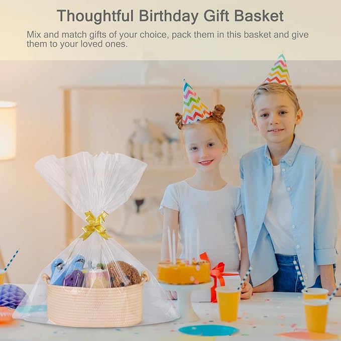 Small Empty Gift Basket with Bag & Ribbons, Beige | 12“x8”x5”, Cotton Rope Woven Basket for Birthdays, Baby Showers, Mother's Day, Christmas; Stores Small Items, Kids & Pet Toys