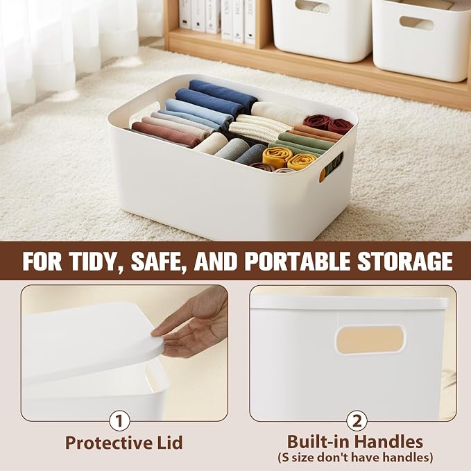 ANMINY White Plastic Storage Bins Baskets with Lids, 12-Pack, 2XL+4L+2M+4S | Large Plastic Bins, Sturdy PET, with Handles, Stackable, Opaque Storage Boxes, for Closet Shelves Desk, White Lids