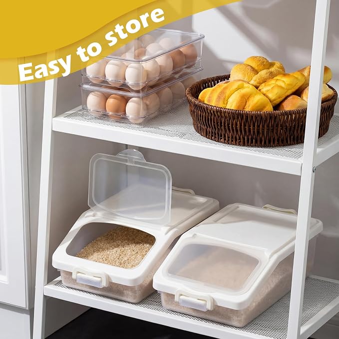Blushtier 3 Pcs Rice Storage Container 11 lb Airtight Flour Container with Wheels Measuring Cup Clear Pet Food Dog Cat Birds Food Bin Grain Cereal Organizer Box for Dry Baking Supplies (White)