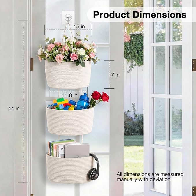ICERZCZ Hanging Baskets for Organizing, Over the Door Decorative Storage Organizer, Nursery Decor Organization, 3-Tier Wall Basket for Entryway Playroom Bathroom Closet, Off White