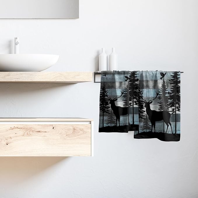 Giwawa Rustic Deer Towel Set of 2 Forest Wildlife Woodland Hand Face Towels with Vintage Blue Wood Board Farmhouse Elk Decorative Soft Microfiber Dish Towel for Bathroom Guest Gym Spa Hotel