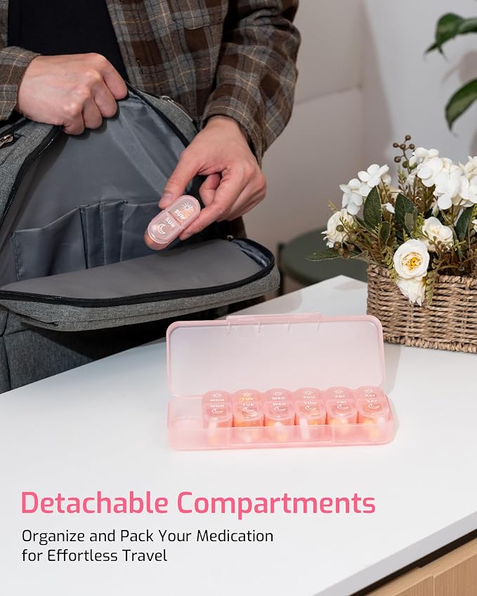 Daviky Pill Organizer 2 Times a Day, AM PM Pill Organizer Box Weekly 7 Day | Portable Travel Pill Organizer, Cute & Compact, Easy-Open Large Compartments, Reusable for Pills, Vitamins & Supplements