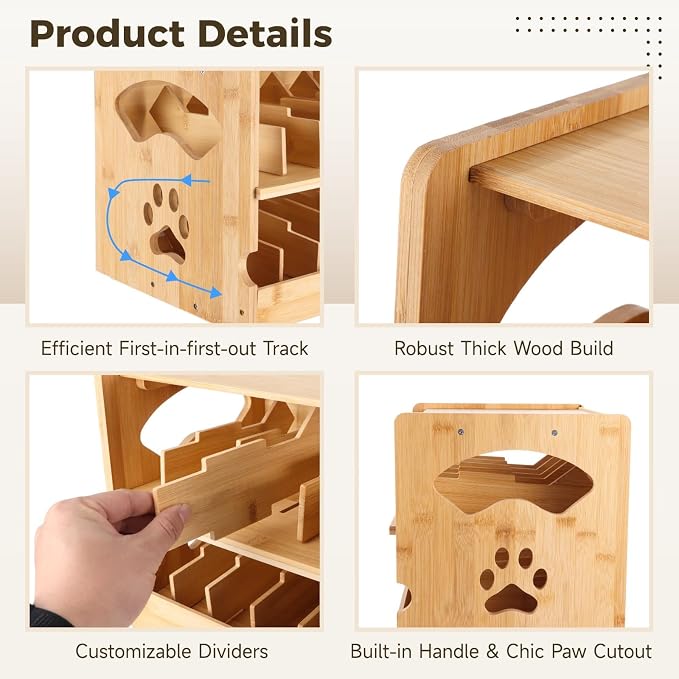 Wooden Cat Food Can Organizer, FIFO Can Storage Rack with Auto Rotation and Dividers, Holds 36 Cans 3 oz, Two Tier Pet Food Holder, Space Saving Countertop Organizer for Pantry Kitchen