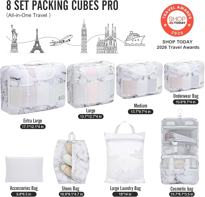 Veken 8 Set Packing Cubes for Travel Essentials, Suitcase Organizer Bags in 4 Sizes, Carry-On Luggage Accessories with Laundry Bag, Airplane Must Have with 99-Count Mesh Holes